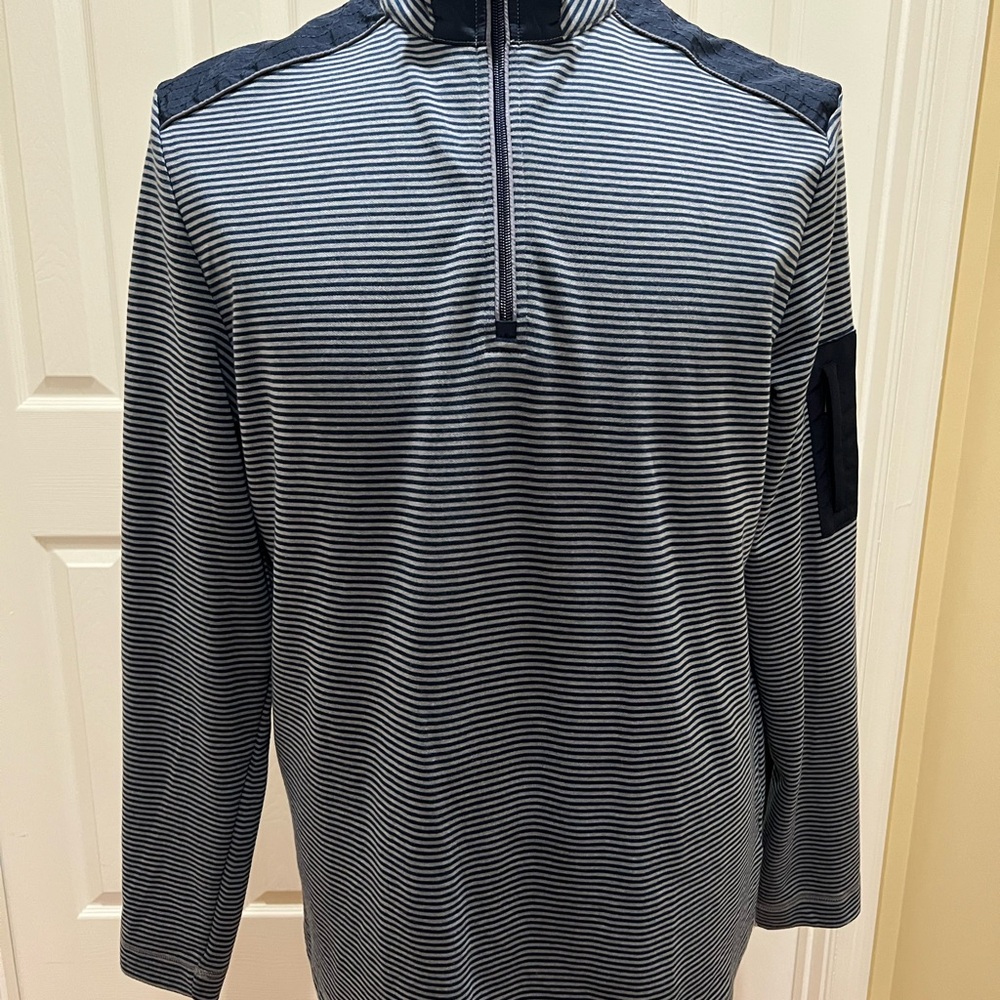 Bugatchi Navy and White Striped Zip Pullover
